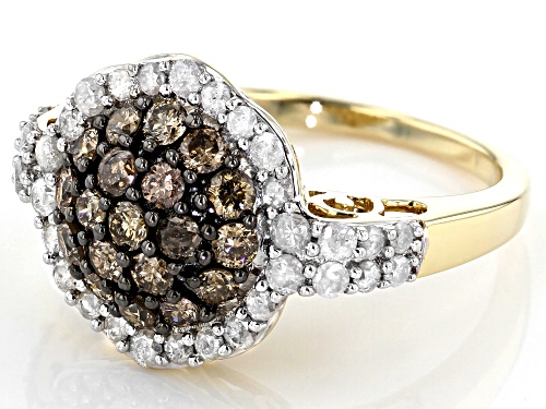 1.48ctw Round Champagne & White Diamond 10K Yellow Gold Cluster Ring - Size 5