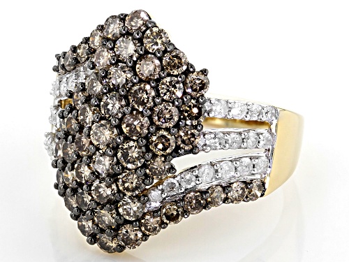 2.33ctw Round Champagne & White Diamond 10K Yellow Gold Cluster Ring - Size 6