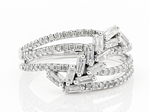 0.75ctw Baguette And Round White Diamond 10K White Gold Crossover Ring - Size 7