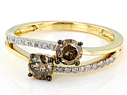 0.79ctw Round Champagne And White Diamond 10K Yellow Gold 2-Stone Ring - Size 9.5