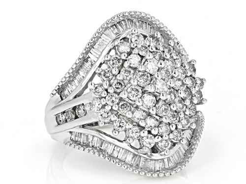 2.00ctw Round And Baguette White Diamond 10K White Gold Cluster Ring - Size 5