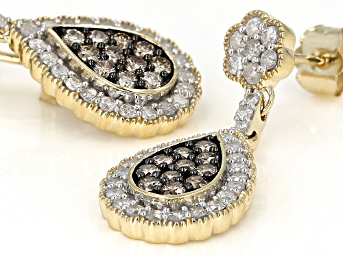 1.50ctw Round White And Champagne Diamond 10k Yellow Gold Teardrop Earrings