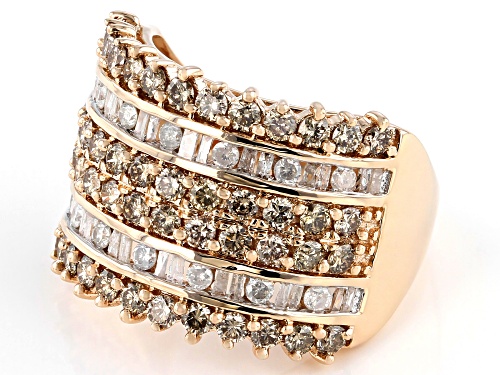 2.00ctw Round Champagne Diamond With Round And Baguette White Diamond 10k Rose Gold Multi-Row Ring - Size 7