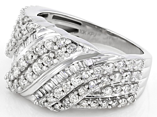 1.50ctw Round And Baguette White Diamond 10k White Gold Crossover Ring - Size 7
