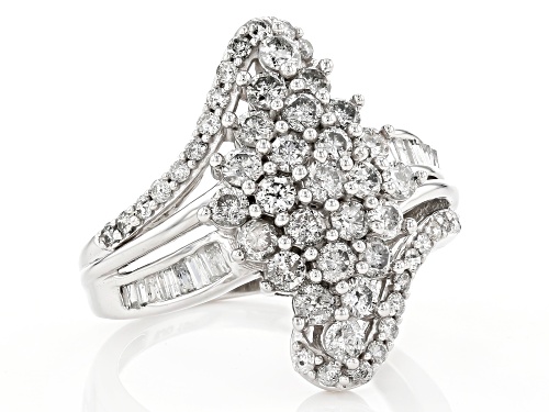 1.50ctw Round And Baguette White Diamond 10k White Gold Cluster Bypass Ring - Size 7