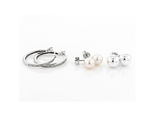 8mm White Cultured Freshwater Pearl And White Diamond Rhodium Over Silver Earring Set Of 3 0.10ctw