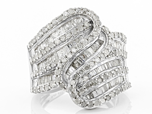 2.05ctw Round And Baguette White Diamond Rhodium Over Sterling Silver Cocktail Ring - Size 6