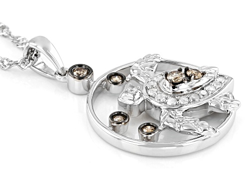 0.54ctw Round Champagne & White Diamond Rhodium Over Sterling Silver Turtle Pendant With Chain