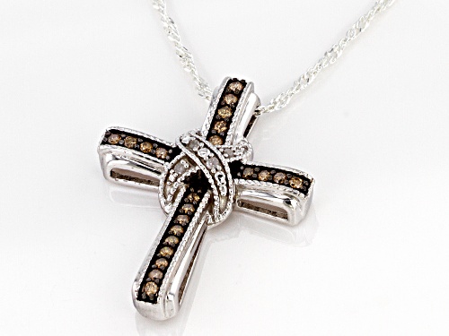 0.25ctw Round Champagne And White Diamond Rhodium Over Sterling Silver Cross Pendant With Chain