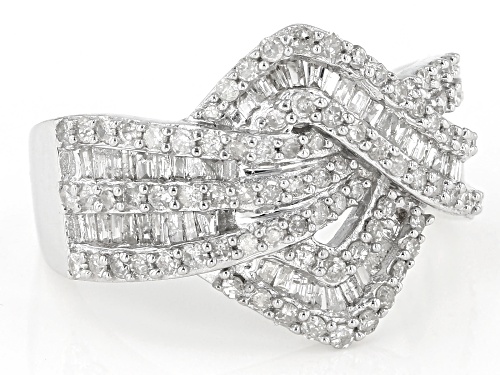 1.00ctw Round And Baguette White Diamond Rhodium Over Sterling Silver Cluster Ring - Size 6