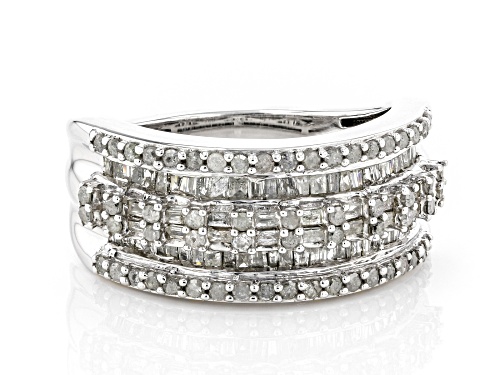 1.10ctw Round And Baguette White Diamond Rhodium Over Sterling Silver Wide Band Ring - Size 6