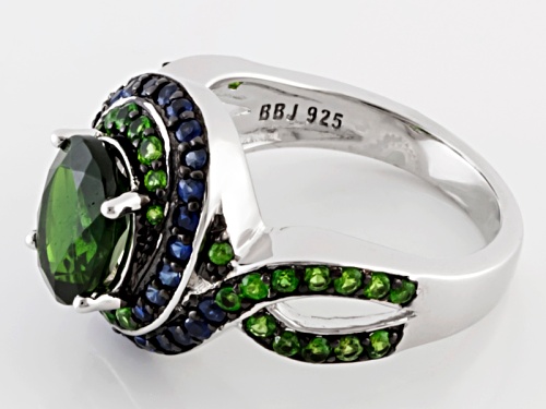 2.28ctw Oval And Round Russian Chrome Diopside With .42ctw Round Blue Sapphire Sterling Silver Ring - Size 11