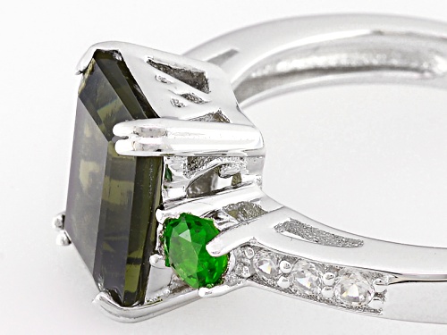 1.45ct Emerald Cut Moldavite, .18ctw Chrome Diopside, And   .10ctw White Zircon Sterling Silver Ring - Size 12