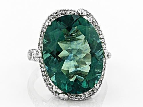 17.85ct Oval Teal Fluorite And .45ctw Round White Zircon Sterling Silver Ring - Size 4