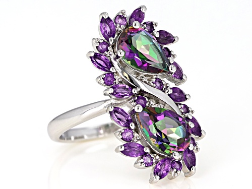 2.55ctw Pear Shape Mystic Fire(R) Green Topaz, 1.22ctw Amethyst Rhodium Over Silver Bypass Ring - Size 6