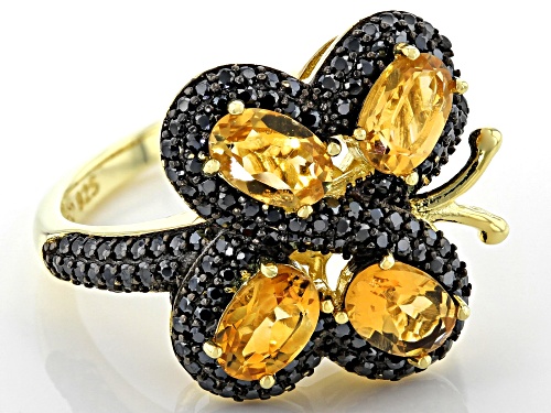 1.60CTW OVAL BRAZILIAN CITRINE & .98CTW BLACK SPINEL 18K YELLOW GOLD OVER SILVER BUTTERFLY RING - Size 7