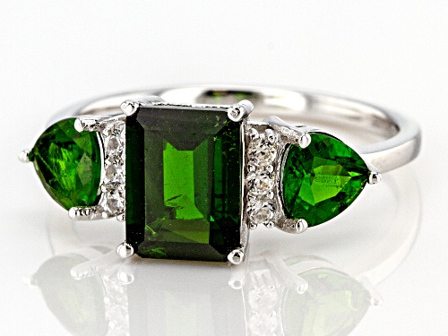 2.34ctw Emerald Cut & Trillion Chrome Diopside With .12ctw White Zircon Rhodium Over Silver Ring - Size 8