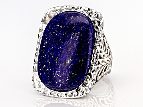 25.5X17.5MM OVAL CABOCHON LAPIS LAZULI RHODIUM OVER STERLING SILVER SOLITAIRE RING - Size 7