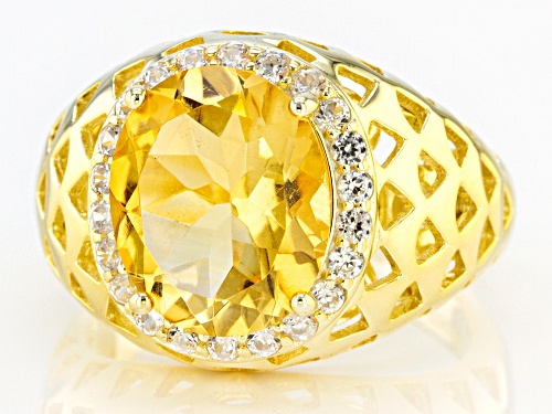 3.47CT OVAL BRAZILIAN CITRINE WITH .62CTW WHITE ZIRCON 18K YELLOW GOLD OVER SILVER RING - Size 8
