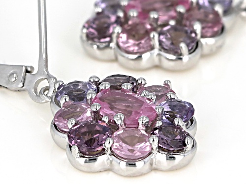 3.47ctw Oval Pink & Round Mixed-Color Spinel Rhodium Over Silver Cluster Dangle Earrings