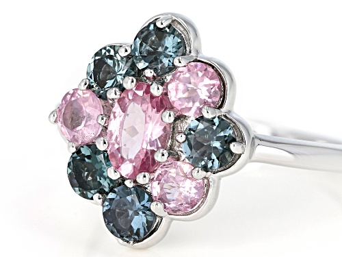 .43ct Oval Pink & 1.31ctw Mixed-Color Round Spinel Rhodium Over Sterling Silver Cluster Ring - Size 7