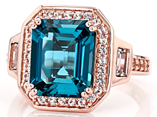 4.62CT EMERALD CUT LONDON BLUE TOPAZ WITH .54CTW WHITE TOPAZ 18K ROSE GOLD OVER SILVER RING - Size 7