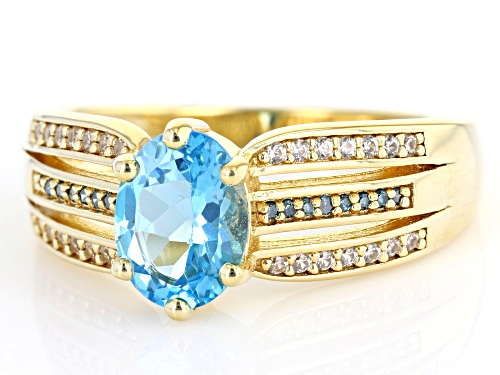 1.36ctw Swiss Blue Topaz, Blue Diamond And White Zircon 18k Yellow Gold Over Sterling Silver Ring - Size 10