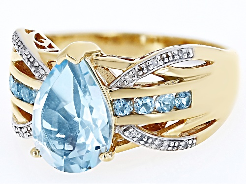 3.46ctw Glacier Topaz™, Swiss Blue Topaz & White Diamonds 18K Yellow Gold Over Silver Ring - Size 8