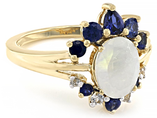 9x7mm Rainbow Moonstone, 0.91ctw Lab Blue & White Sapphire 18k Yellow Gold Over Sterling Silver Ring - Size 10