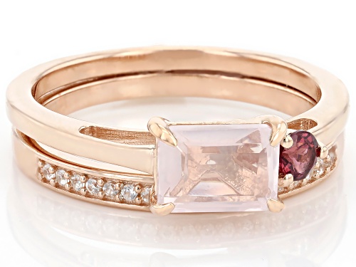 7x5mm Rose Quartz, 0.22ctw Rhodolite & White Zircon 18k Rose Gold Over Sterling Silver Ring Set - Size 9