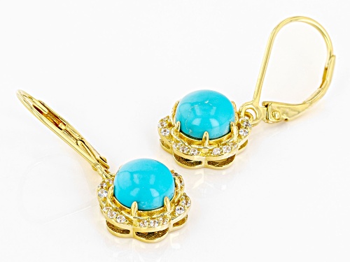 7x7mm Sleeping Beauty Turquoise with 0.08ctw White Zircon 18k Yellow Gold Over Silver Earrings