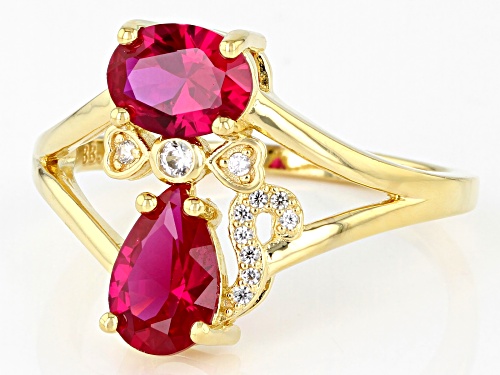2.85ctw Lab Created Ruby With 0.12ctw White Zircon 18k Yellow Gold Over Sterling Silver Cat Ring - Size 9