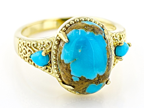 14x10mm Kingman Turquoise & 4x3mm Sleeping Beauty Turquoise 18k Yellow Gold Over Silver Ring - Size 10
