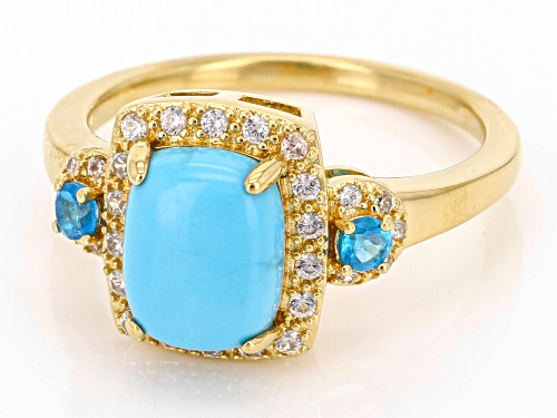 9x7mm Sleeping Beauty Turquoise with .28tw Apatite & White Zircon 18k Yellow Gold Over Silver Ring - Size 8