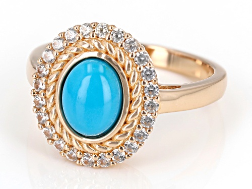 8x6mm Sleeping Beauty Turquoise With 0.46ctw White Zircon 18k Rose Gold Over Sterling Silver Ring - Size 7