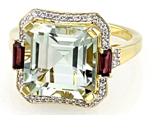 5.31ct Prasiolite, 0.29ctw Rhodolite, 0.30ctw White Zircon 18k Yellow Gold Over Sterling Silver Ring - Size 10