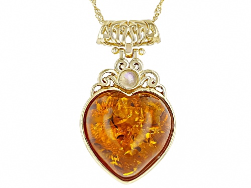 20mm Amber With 4mm Rainbow Moonstone 18k Yellow Gold Over Sterling Silver Pendant With Chain
