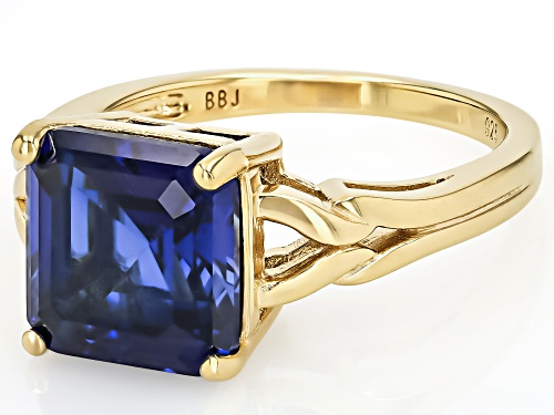 5.57ct Asscher Cut Lab Created Blue Sapphire 18k Yellow Gold Over Sterling Silver Ring - Size 10