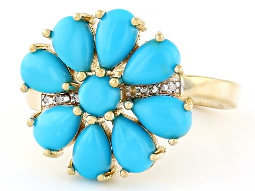 Sleeping Beauty Turquoise With 0.02ctw Diamond Accent 18k Yellow Gold Over Silver Flower Ring - Size 8