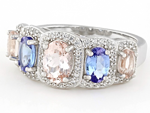 0.87ctw Morganite, 0.76ctw Tanzanite, 0.56ctw White Zircon Rhodium Over Sterling Silver Ring - Size 9