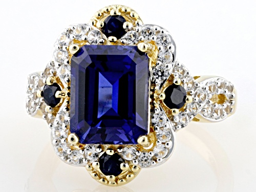 4.10ct Lab Blue Sapphire with 0.30ctw Lab White Sapphire 18k Yellow Gold Over Sterling Silver Ring - Size 9