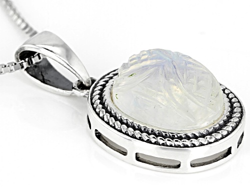 10x8mm Oval Hand Carved Rainbow Moonstone Rhodium Over Sterling Silver Pendant with Chain