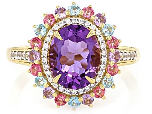 2.91ctw Canela Amethyst, Pink & Blue Topaz, White Zircon 18k Yellow Gold Over Sterling Silver Ring - Size 8