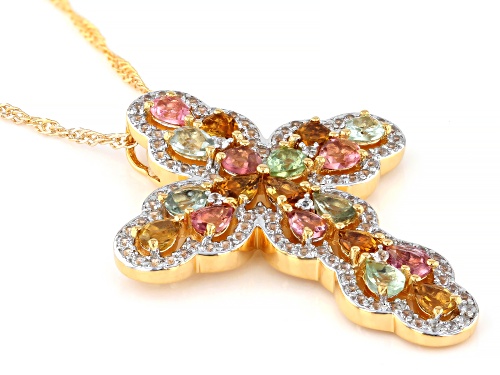 2.54ctw Multi Color Tourmaline With 1.35ctw Zircon 18K Yellow Gold Over Silver Pendant With Chain