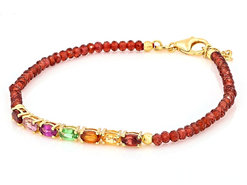 10.97ctw Multi Garnet 18K Yellow Gold Over Sterling Silver Beaded Bracelet - Size 7.25
