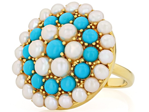 Sleeping Beauty Turquoise With Cultured Seed Pearl 18k Yellow Gold Over Sterling Silver Ring - Size 7