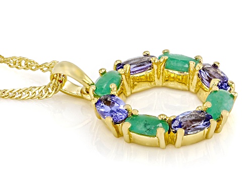 0.70ctw Emerald With 0.77ctw Tanzanite 18k Yellow Gold Over Sterling Silver Pendant With Chain
