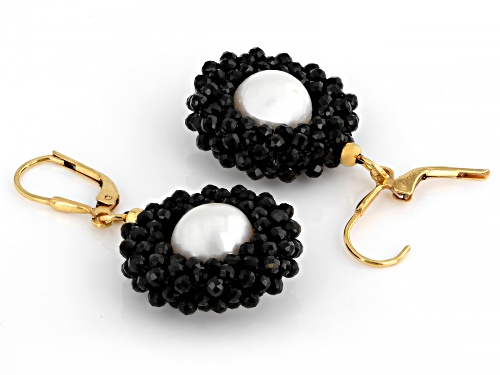 Rondelle Black Spinel With Cultured Freshwater Pearl 18k Yellow Gold Over Sterling Silver Earrings
