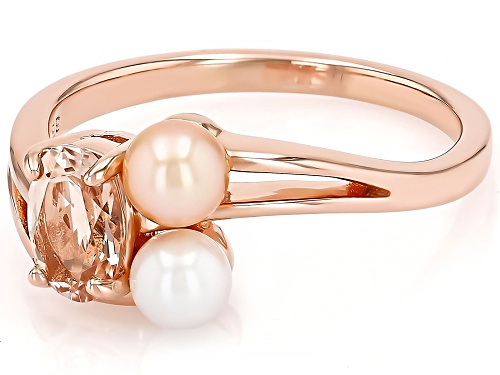 0.64ct Morganite With 4mm Peach & White Cultured Freshwater Pearl 18k Rose Gold Over Silver Ring - Size 9