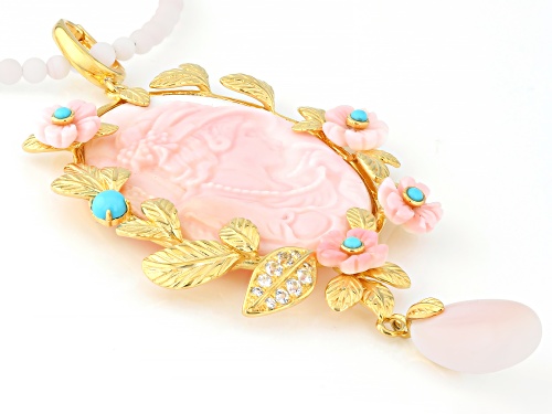 Conch Shell, Sleeping Beauty Turquoise & White Zircon 18k Yellow Gold Over Silver Pendant/Chain